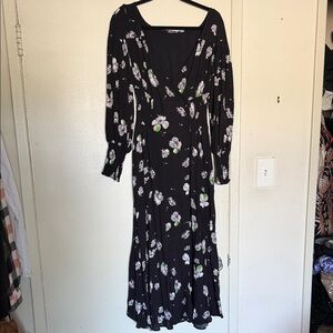 Free People Black Floral Long Sleeve Wrap Maxi Dress